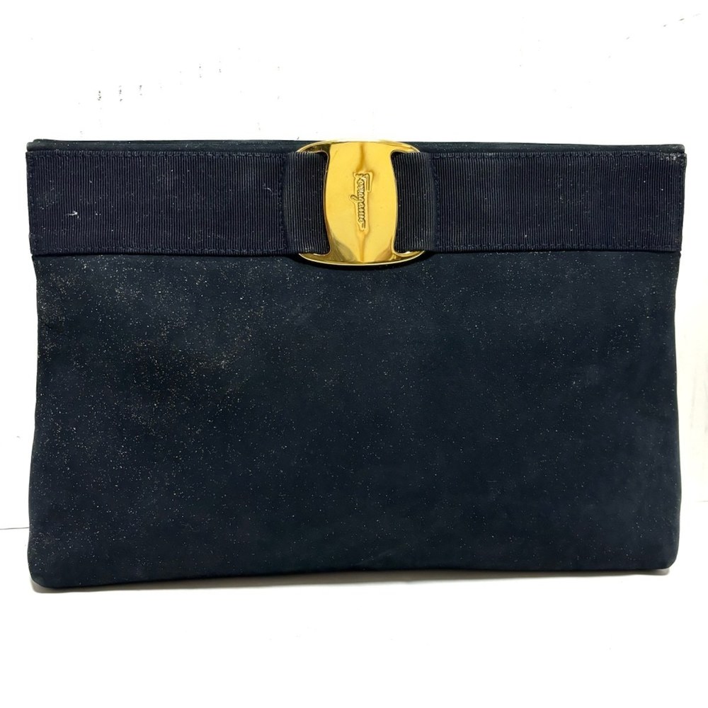 Salvatore Ferragamo Vara Velor Clutch Bag Navy